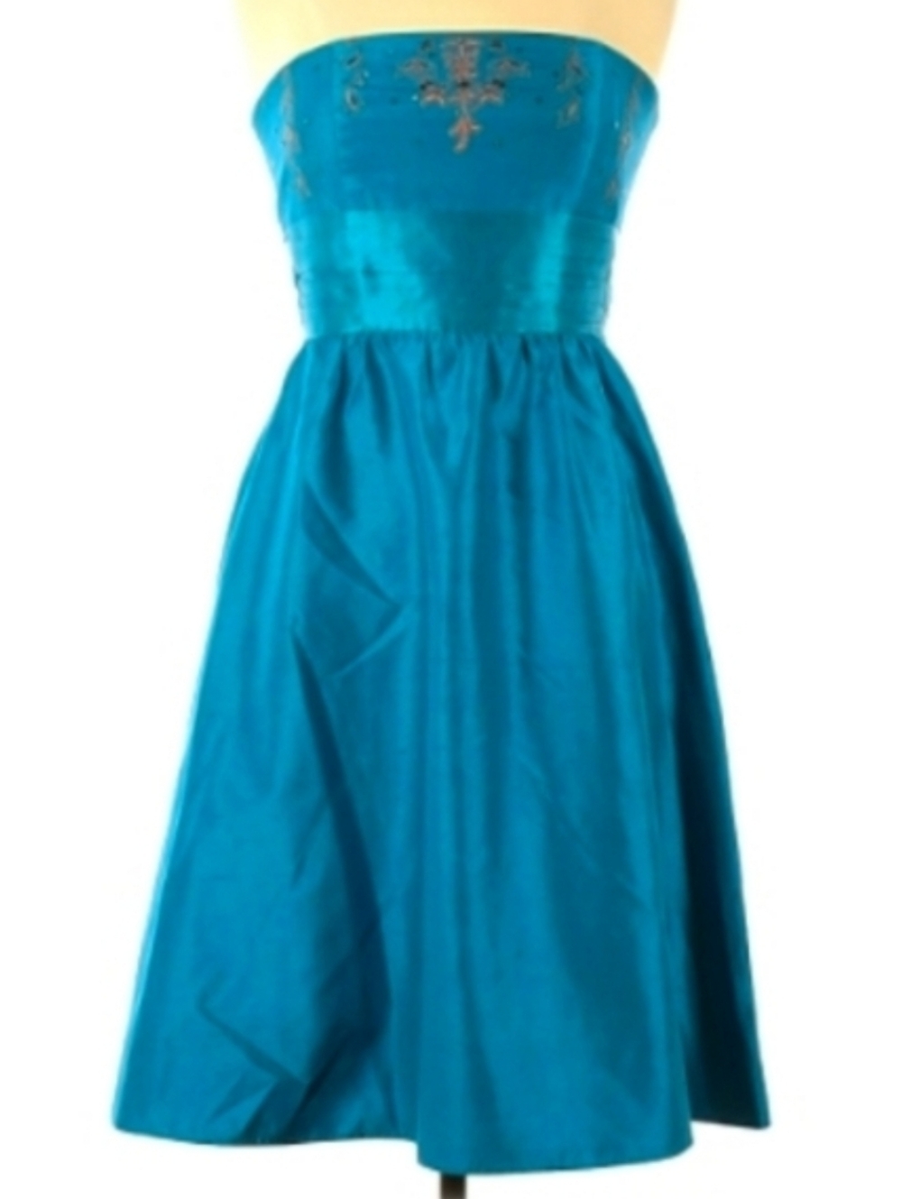 Vintage Silk Teal Blue Strapless Event Dress Gold Embroidered Beaded Turquoise
